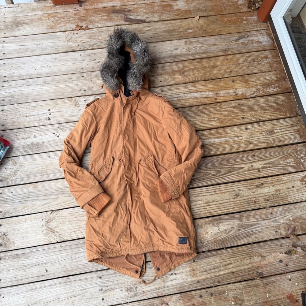 TNA Britannia Military Edition Parka Jacket Fur Hood Drawstring Tan XXS
